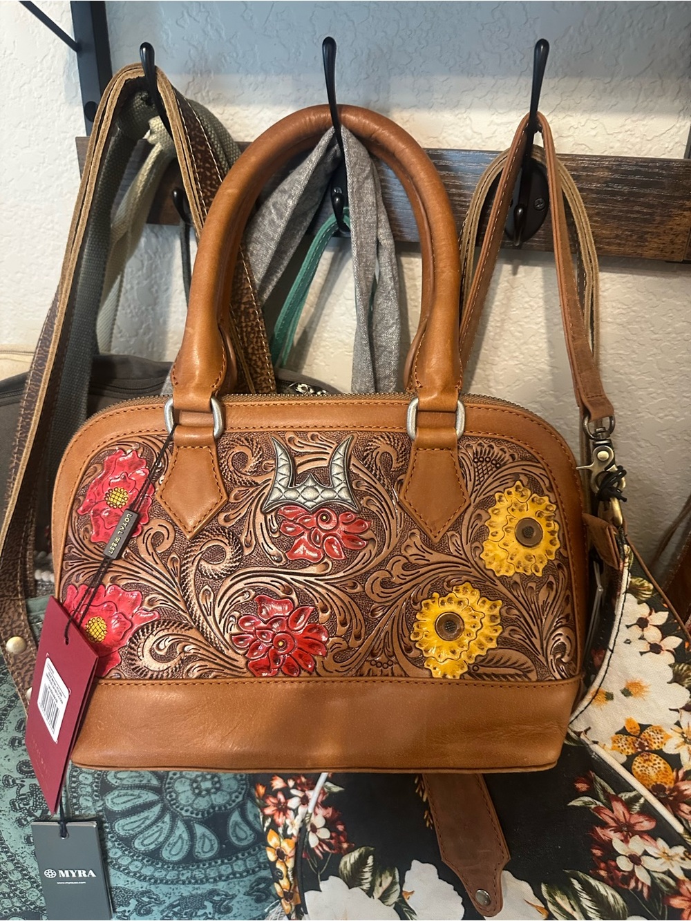 Myra Bag Tan Leather Satchel with Red and Yellow Floral Tooled Accents
